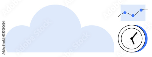 Cloud with data chart and clock, conveying digital storage, real-time analysis, and time tracking. Ideal for technology, workflow, analytics, productivity, management efficiency and innovation