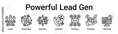 Powerful Lead Gen banner web icon vector illustration concept for business with icon of Leads, Generation, Outreach, Cold Call, Emailing, Prospect.