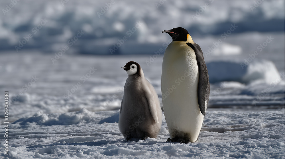Obraz premium Emperor Penguin Mother and Chick Together on Snow