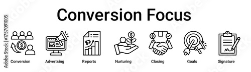 Conversion Focus banner web icon vector illustration concept for business with icon of Conversion, Advertsing, Reports, Nurturing, Closing, Goals.