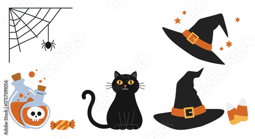 Whimsical halloween icons and symbols featuring a black cat witch hats spiderweb and festive treats for spooky celebrations and seasonal designs isolated on white background