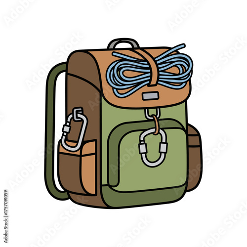 Hiking Backpack with Rope and Carabiners, Adventure Gear Illustration.