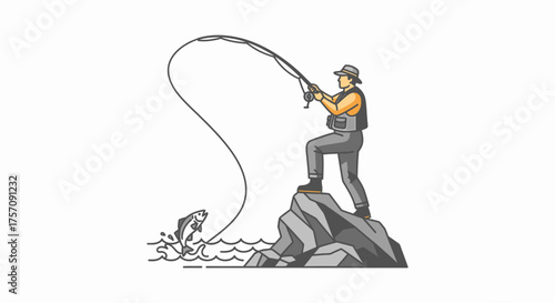 Fisherman with bent rod on rocks catching a jumping fish, wearing hat and vest.