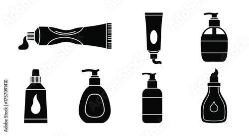 Various black silhouette icons depicting cosmetic tubes and pump bottles
