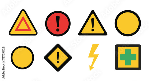 Collection of colorful warning information and regulatory road signs displayed