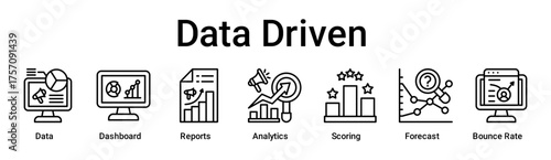 Data Driven banner web icon vector illustration concept for business with icon of Data, Dashboard, Reports, Analytics, Scoring, Forecast, Bounce .