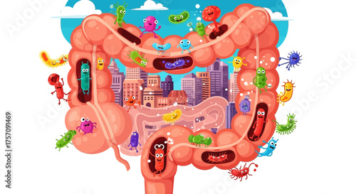 Human Intestine Illustration with Gut Microbiome and Cityscape Inside.