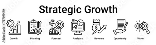 Strategic Growth banner web icon vector illustration concept for business with icon of Growth, Planning, Forecast, Analytics, Revenue, Opportunity, Vision .