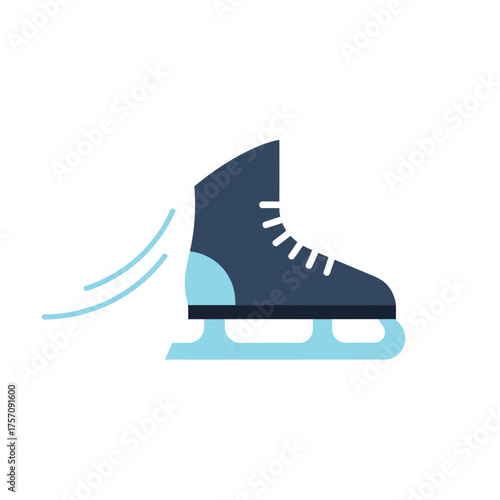 Illustration of a dark blue ice skate with light blue blade and laces.