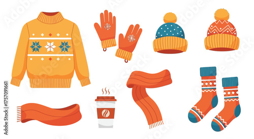 Warm winter accessories including sweaters hats gloves and cozy drinks