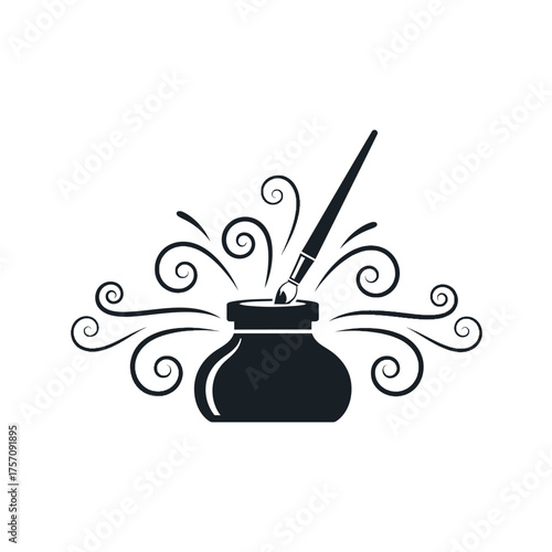 Inkwell and Quill Pen with Decorative Swirls, Artistic Writing Concept.