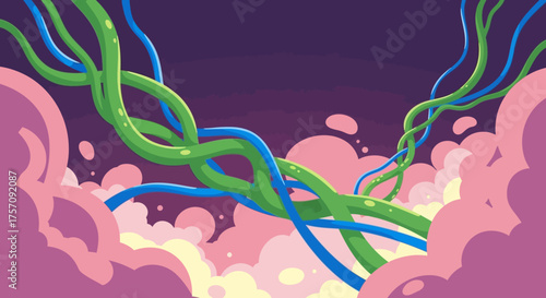 Intertwined Green and Blue Cables in a Dreamy, Abstract Setting.