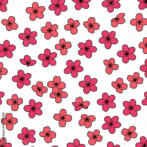 Adorable Pink Floral Blossom Decorative Seamless Vector Pattern on White Background