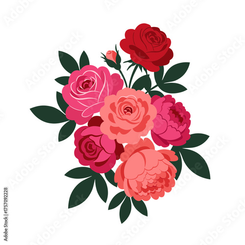 Vibrant Floral Bunch of Pink and Red Roses Vector Illustration