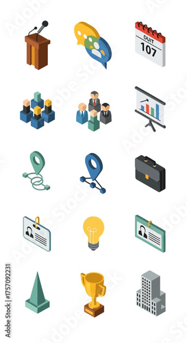 Isometric Business and Conference Icon Set - Podium, Speech Bubble, Calendar, and More.