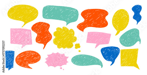 Hand drawn crayon speech bubbles set. Brushstroke texture comic bubbles. Vector EPS 10