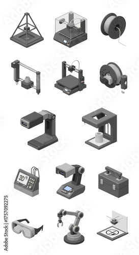 Isometric 3D Printing Technology and Equipment Icons Set.