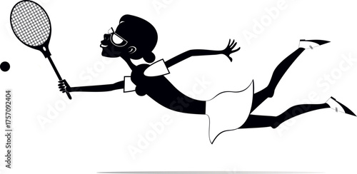 Tennis. Young woman plays tennis. 
Pretty young woman hits the ball while falling. Black and white illustration
