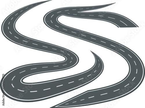 Winding curving road path graphic design element isolated on white background for travel concept.