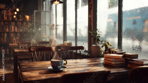 Cozy Brown Coffee Shop Ambience on a Rainy Day with Steaming Coffee and Books, Generative AI