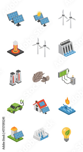 Isometric Icons of Renewable Energy Sources and Sustainable Technologies.