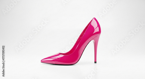 A shiny pink high heel shoe, a fashionable footwear for women with a pointed toe and a stiletto heel