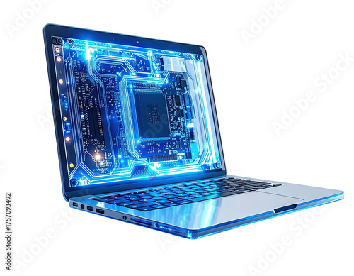 Digitally enhanced image of a laptop showcasing its internal circuits glowing with blue light