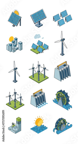 Isometric Renewable Energy Sources - Solar Panels, Wind Turbines, Hydroelectric Dams.