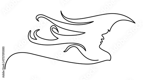 Abstract continuous line drawing of a woman s profile with flowing hair