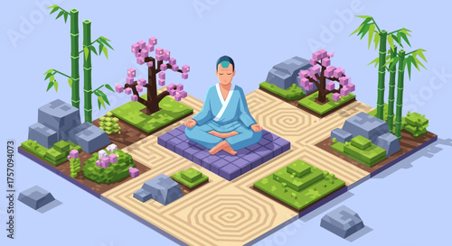 Isometric Zen Garden with Meditating Man and Serene Landscape.