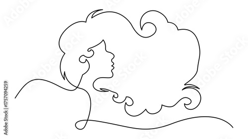 Minimalist continuous line drawing of a woman s profile with flowing hair