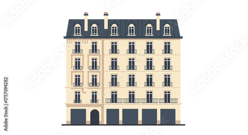 Classic parisian haussmannian building facade with mansard roof and ground floor shops architectural detail facade isolated on white background