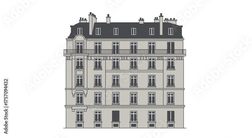 Classic parisian haussmannian building facade detailed architectural drawing elegant french residential architecture historic european cityscape isolated on white background