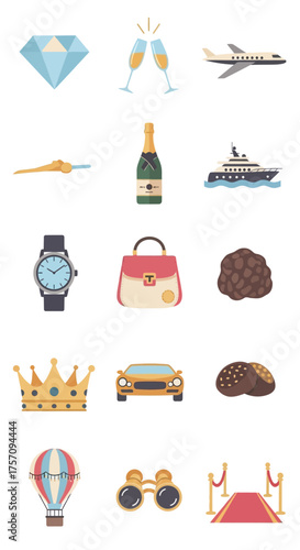 Luxury Lifestyle Icons - Diamond, Champagne, Private Jet, and More.