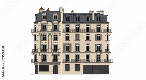 Classic parisian haussmannian apartment building facade detailed architectural representation urban cityscape architecture facade design historic residential architecture isolated on white background