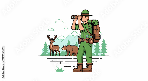 Illustrated Park Ranger Observing Wildlife Through Binoculars with Backpack and Uniform.