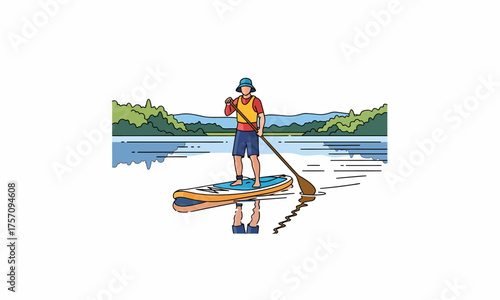 Illustrated man standing on paddleboard, holding paddle, enjoying water sport activity.