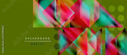 Abstract geometric shapes overlap, creating vibrant colorful design. Olive green background contrasts bright elements. Modern aesthetic.