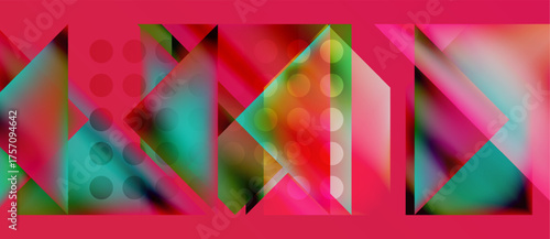 Abstract geometric composition. Vivid colors blend, creating dynamic visual effect. Shapes overlap, forming complex patterns.