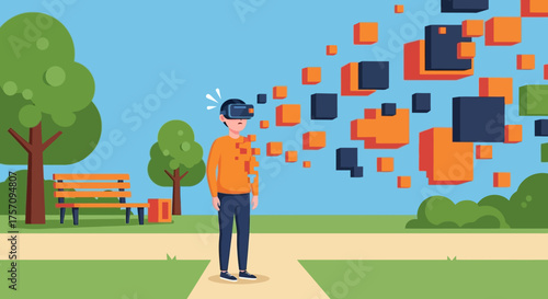 Man Immersed in Virtual Reality with Headset and Floating Cubes.