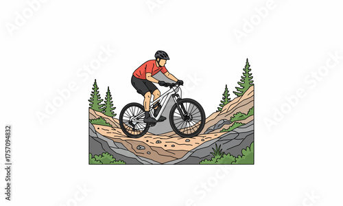 Illustration of a mountain biker in a red shirt and helmet riding a silver full-suspension bicycle on a winding dirt trail.