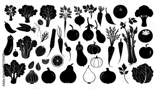 Fototapeta Naklejka Na Ścianę i Meble -  Silhouettes of various vegetables and fruits in black and white
