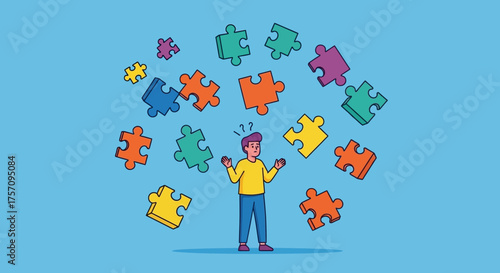 Man Surrounded by Puzzle Pieces, Problem Solving Concept.