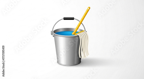 A bucket filled with blue water and a mop, representing cleaning supplies and household chores