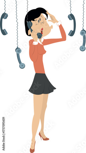 Too much communication. Woman with many phones.
Hysterical girl tries to answer on many phones
