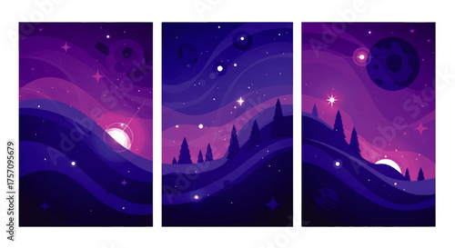 Dreamy cosmic night landscape triptych with stars, moons, and stylized hills in vibrant purple hues, creating a mystical and serene atmosphere perfect for backgrounds and digital art