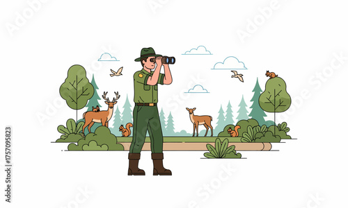 Park Ranger Observing Wildlife with Binoculars in Outdoor Uniform Illustration.