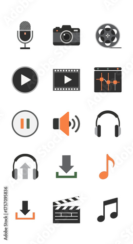Media Icons Set - Microphone, Camera, Film Reel, Play, Video, Audio, Headphones, Download, Music Note.