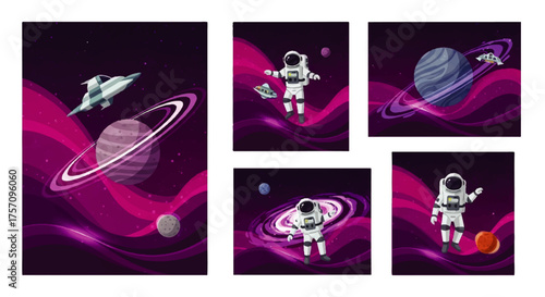 Cosmic exploration with astronauts and planets in a vibrant, swirling nebula, showcasing the wonders of space travel and astronomical discovery