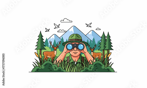 Park Ranger with Binoculars in Nature Scene with Deer and Mountains.